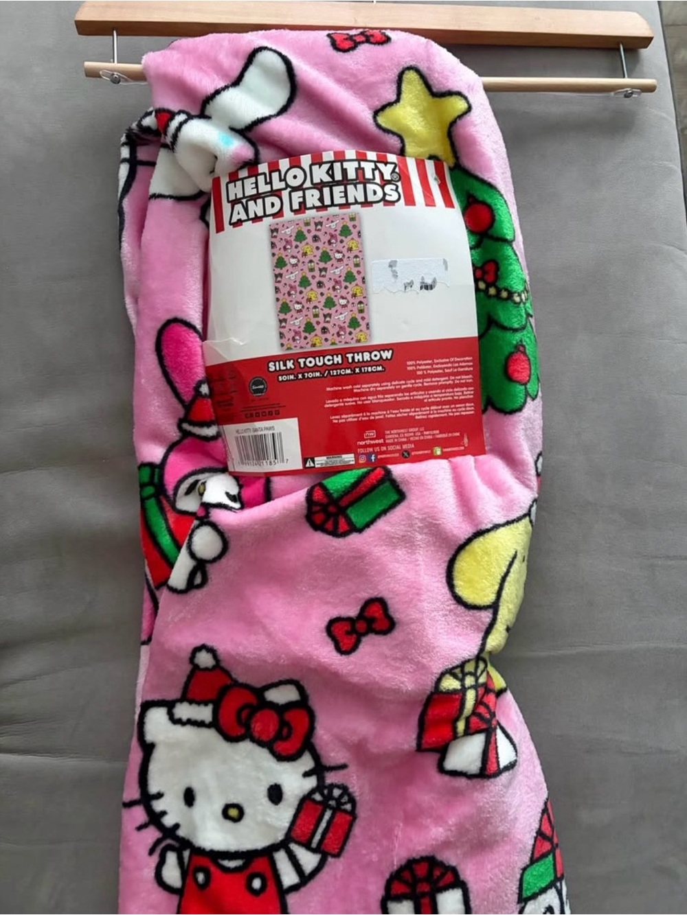 Hello Kitty Pink Holiday Throw Blanket with Green & Yellow Accents